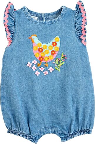 Mud Pie Baby Girls Chicken Denim Romper; 6-9 Months in Saudi Arabia
