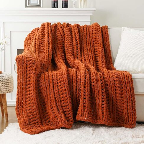 Battilo Caramel Rust Chunky Knit Throw Blanket, Handmade Cable Knit Crochet Blanket for Couch, Fall Orange Chenille Blanket Throw for Fall Decor, Super Soft Thick Textured Blankets, 50"x60" in Saudi Arabia