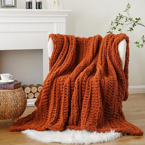 Battilo Caramel Rust Chunky Knit Throw Blanket, Handmade Cable Knit Crochet Blanket for Couch, Fall Orange Chenille Blanket Throw for Fall Decor, Super Soft Thick Textured Blankets, 50"x60" in Saudi Arabia