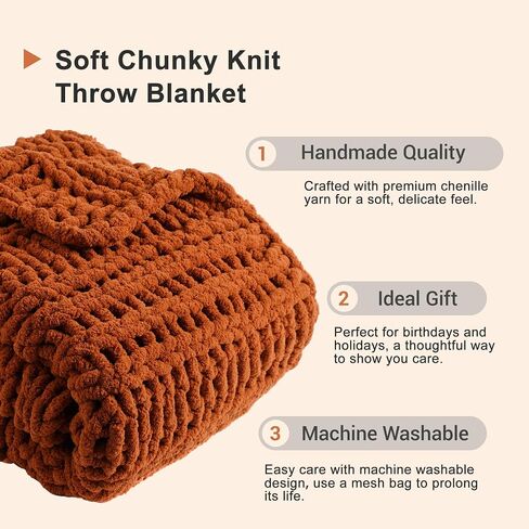 Battilo Caramel Rust Chunky Knit Throw Blanket, Handmade Cable Knit Crochet Blanket for Couch, Fall Orange Chenille Blanket Throw for Fall Decor, Super Soft Thick Textured Blankets, 50"x60" in Saudi Arabia
