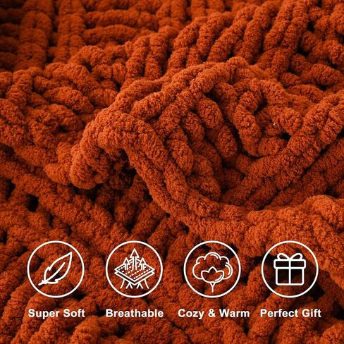 Battilo Caramel Rust Chunky Knit Throw Blanket, Handmade Cable Knit Crochet Blanket for Couch, Fall Orange Chenille Blanket Throw for Fall Decor, Super Soft Thick Textured Blankets, 50"x60" in Saudi Arabia