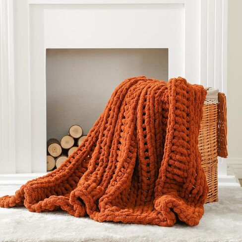 Battilo Caramel Rust Chunky Knit Throw Blanket, Handmade Cable Knit Crochet Blanket for Couch, Fall Orange Chenille Blanket Throw for Fall Decor, Super Soft Thick Textured Blankets, 50"x60" in Saudi Arabia
