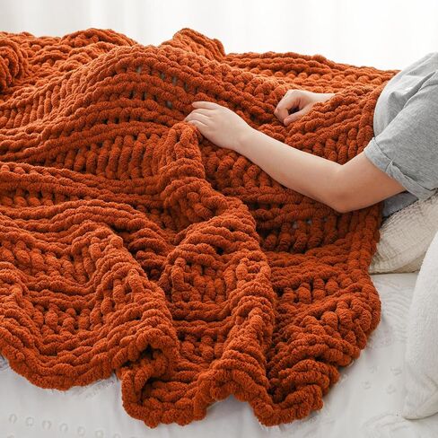 Battilo Caramel Rust Chunky Knit Throw Blanket, Handmade Cable Knit Crochet Blanket for Couch, Fall Orange Chenille Blanket Throw for Fall Decor, Super Soft Thick Textured Blankets, 50"x60" in Saudi Arabia