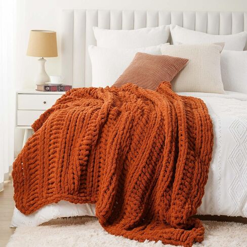 Battilo Caramel Rust Chunky Knit Throw Blanket, Handmade Cable Knit Crochet Blanket for Couch, Fall Orange Chenille Blanket Throw for Fall Decor, Super Soft Thick Textured Blankets, 50"x60" in Saudi Arabia