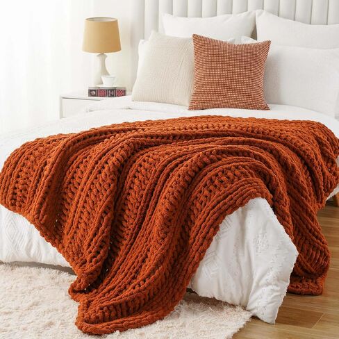 Battilo Caramel Rust Chunky Knit Throw Blanket, Handmade Cable Knit Crochet Blanket for Couch, Fall Orange Chenille Blanket Throw for Fall Decor, Super Soft Thick Textured Blankets, 50"x60" in Saudi Arabia