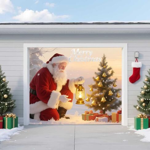 Christmas Garage Door Banner – Santa Claus, Xmas Tree & Gift Boxes, Large Waterproof Reusable Outdoor Holiday Cover for Home, Yard, Party & Photo Backdrop,16 * 7ft/4.8 * 2.1m in Saudi Arabia