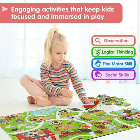 City Playmat Jumboo Floor Puzzle للأطفال الذين تتراوح أعمارهم بين 3-8-60 قطعة أحذية بانوراما كبيرة ، خريطة بلدة مع مسارات السباق ومسارات القطار-لعبة تعليمية للتظاهر-هدية رائعة لمرحلة ما قبل المدرسة in Kuwait