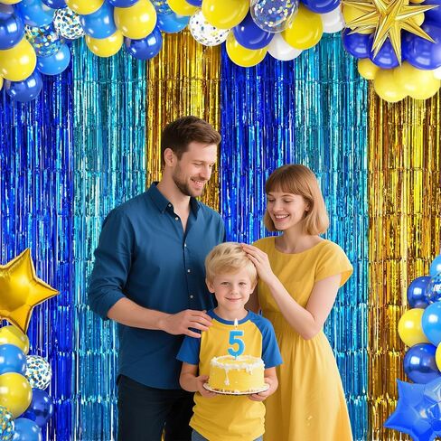 Blue Gold Foil Fringe Curtains Backdrop Party Decorations, 2 Pack 3.2x6.6ft Navy Blue Yellow Tinsel Banner Background Door Streamers for Retirement, Ramadan, Cartoon Birthday Party Decorations in Saudi Arabia