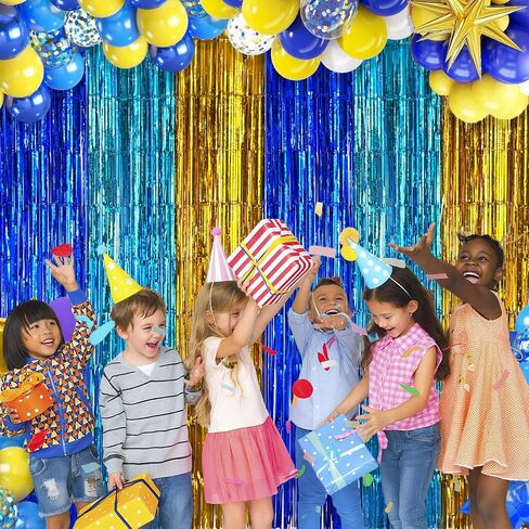 Blue Gold Foil Fringe Curtains Backdrop Party Decorations, 2 Pack 3.2x6.6ft Navy Blue Yellow Tinsel Banner Background Door Streamers for Retirement, Ramadan, Cartoon Birthday Party Decorations in Saudi Arabia