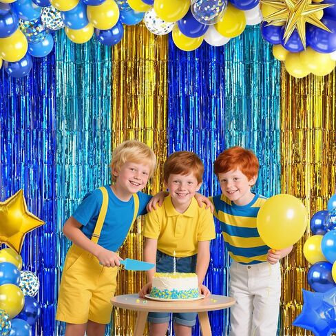 Blue Gold Foil Fringe Curtains Backdrop Party Decorations, 2 Pack 3.2x6.6ft Navy Blue Yellow Tinsel Banner Background Door Streamers for Retirement, Ramadan, Cartoon Birthday Party Decorations in Saudi Arabia