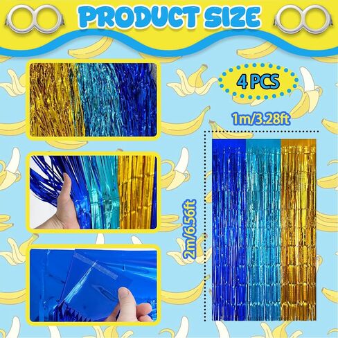 Blue Gold Foil Fringe Curtains Backdrop Party Decorations, 2 Pack 3.2x6.6ft Navy Blue Yellow Tinsel Banner Background Door Streamers for Retirement, Ramadan, Cartoon Birthday Party Decorations in Saudi Arabia