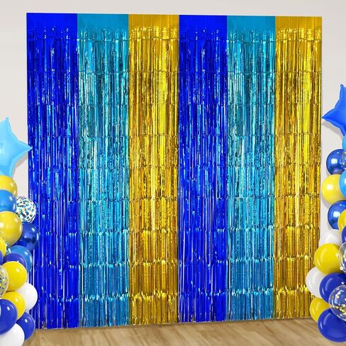 Blue Gold Foil Fringe Curtains Backdrop Party Decorations, 2 Pack 3.2x6.6ft Navy Blue Yellow Tinsel Banner Background Door Streamers for Retirement, Ramadan, Cartoon Birthday Party Decorations in Saudi Arabia