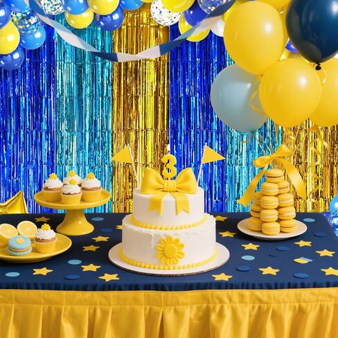 Blue Gold Foil Fringe Curtains Backdrop Party Decorations, 2 Pack 3.2x6.6ft Navy Blue Yellow Tinsel Banner Background Door Streamers for Retirement, Ramadan, Cartoon Birthday Party Decorations in Saudi Arabia