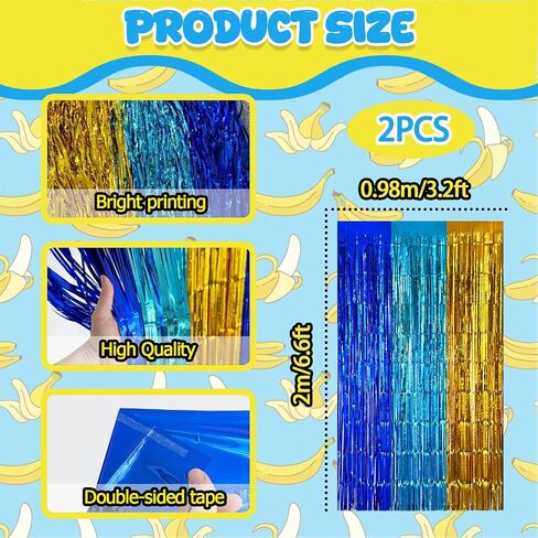 Blue Gold Foil Fringe Curtains Backdrop Party Decorations, 2 Pack 3.2x6.6ft Navy Blue Yellow Tinsel Banner Background Door Streamers for Retirement, Ramadan, Cartoon Birthday Party Decorations in Saudi Arabia