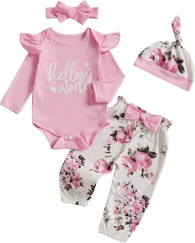 Hello World Newborn Outfit Baby Girl Coming Home Outfits Ribbed Knit Romper Tops Floral Pants Sets Infant Clothes in Saudi Arabia