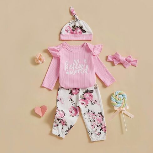 Hello World Newborn Outfit Baby Girl Coming Home Outfits Ribbed Knit Romper Tops Floral Pants Sets Infant Clothes in Saudi Arabia