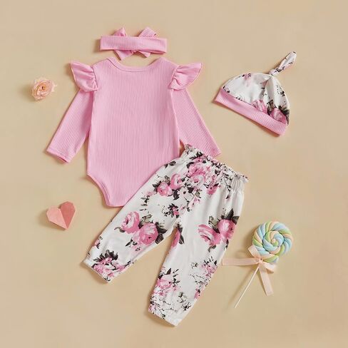Hello World Newborn Outfit Baby Girl Coming Home Outfits Ribbed Knit Romper Tops Floral Pants Sets Infant Clothes in Saudi Arabia