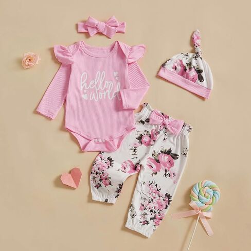 Hello World Newborn Outfit Baby Girl Coming Home Outfits Ribbed Knit Romper Tops Floral Pants Sets Infant Clothes in Saudi Arabia