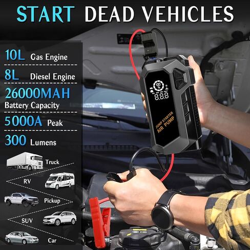 Car Battery Jump Starter with Air Compressor, 3000A Peak 150PSI Car Jump Starter Jump Box for Up to 10L Gas 8L Diesel Engine, 12V Car Battery Jumper Starter with Jumper Cables, LCD Display, Lights in Saudi Arabia