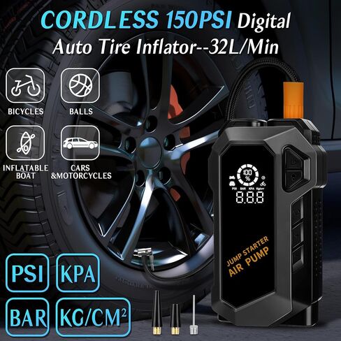 Car Battery Jump Starter with Air Compressor, 3000A Peak 150PSI Car Jump Starter Jump Box for Up to 10L Gas 8L Diesel Engine, 12V Car Battery Jumper Starter with Jumper Cables, LCD Display, Lights in Saudi Arabia