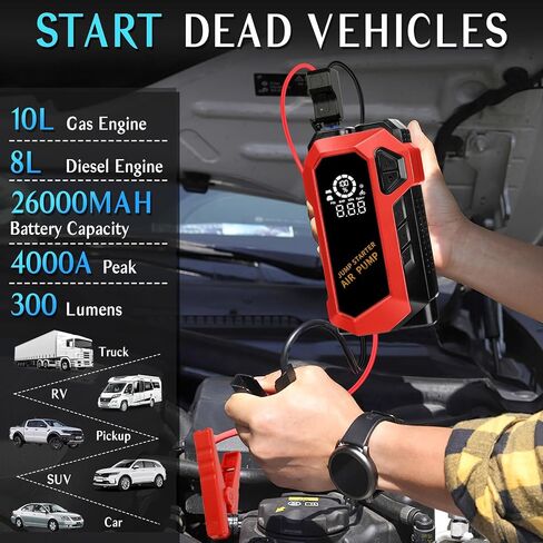 Car Battery Jump Starter with Air Compressor, 3000A Peak 150PSI Car Jump Starter Jump Box for Up to 10L Gas 8L Diesel Engine, 12V Car Battery Jumper Starter with Jumper Cables, LCD Display, Lights in Saudi Arabia