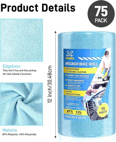 Microfiber Towels Roll - XINDELL Lint-Free 75 Sheet Micro Fiber Cleaning Cloths, 12" x 12" Reusable & Washable Car Drying Towels, Ultra Absorbent Streak-Free Cleaning Rag for Cars,2 Pack in Kuwait