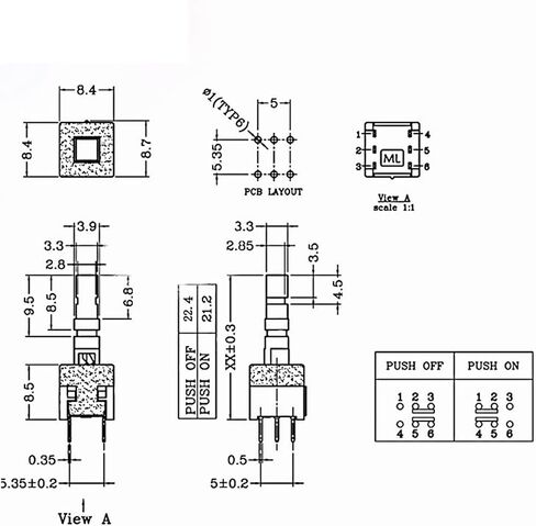 10pcs 8.5 * 8.5 mm 6 Pin Self-Locking/Momentary Push Button Switch DIP DPDT Multimeter Switch(10pcs Black A11) in Saudi Arabia