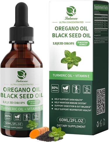 Organic Oregano Oil Drops 80% Carvacrol - Oil of Oregano with Black Seed Oil, Turmeric & Vitamin E - Immune, Respiratory, Digestive Support - Vegan, Sugar-Free, Non-GMO-8 Month Supply, 2 Fl Oz in Kuwait