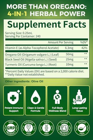 Organic Oregano Oil Drops 80% Carvacrol - Oil of Oregano with Black Seed Oil, Turmeric & Vitamin E - Immune, Respiratory, Digestive Support - Vegan, Sugar-Free, Non-GMO-8 Month Supply, 2 Fl Oz in Kuwait