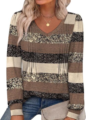 Alaroo Womens Long Sleeve Shirts Pleated V Neck Curved Hem Fall Winter Tunic Tops Blouses Print in Kuwait