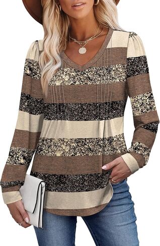 Alaroo Womens Long Sleeve Shirts Pleated V Neck Curved Hem Fall Winter Tunic Tops Blouses Print in Kuwait