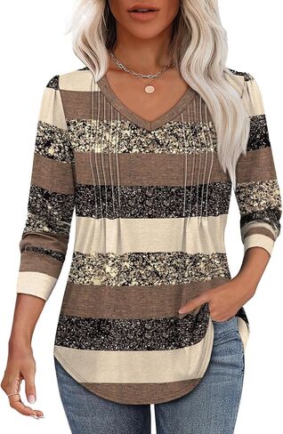 Alaroo Womens Long Sleeve Shirts Pleated V Neck Curved Hem Fall Winter Tunic Tops Blouses Print in Kuwait