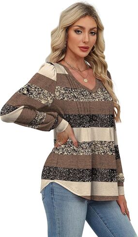 Alaroo Womens Long Sleeve Shirts Pleated V Neck Curved Hem Fall Winter Tunic Tops Blouses Print in Kuwait