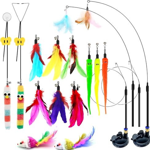 Interactive Bird Simulation Cat Feather Toy Set Cat Retractable Wand Toys Suction Cups Base,Include Detachable 7 Pcs Replacements Feathers Toys in Saudi Arabia
