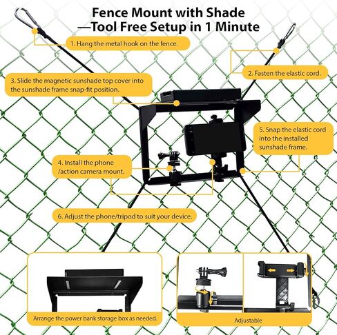 Magicbox Phone Fence Mount with Magnetic Shade Pro - 360° Adjustable Phone/Camera Bracket for iPhone, Samsung, GoPro & Mevo Start - Baseball, Softball, Tennis Sports Mounting Kit for Gamechanger in Saudi Arabia