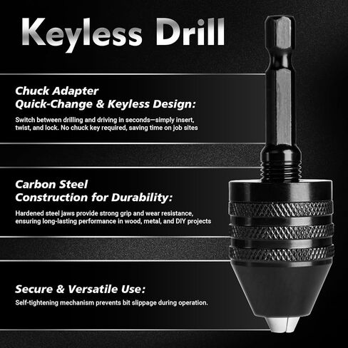 2Pcs Keyless Drill Chuck Adapter Set, 1/4" Hex Shank Quick Change (0.3-8mm) – Fits Impact Drill & Power Tools, Carbon Steel, for Milwaukee, DeWalt, Makita (2-Piece) in Saudi Arabia