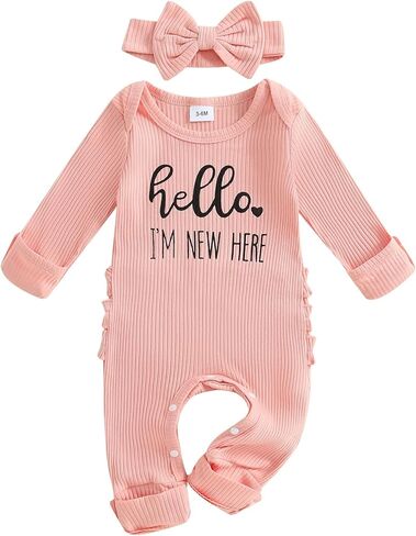 Newborn Baby Girl Winter Clothes Ruffle Ribbed Knit Romper One Piece Long Sleeve Jumpsuit Cute Coming Home Outfit in Kuwait