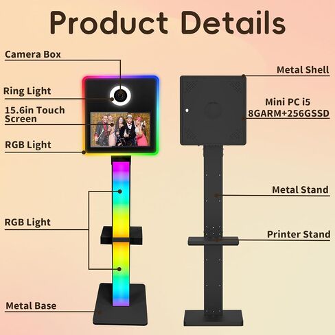 كشك صور DSLR، كشك صور مرآة سيلفي محمول مع شاشة لمس 15.6 بوصة APP للتحكم عن بعد وأضواء RGB لمناسبات الزفاف وتأجير عيد الميلاد (أبيض) in Kuwait