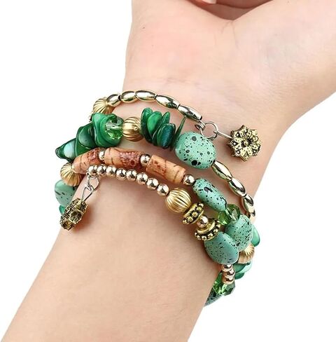 Women Beaded Bracelet Set | Colorful Boho Stackable Trendy Design with Crystal Accents Multilayer Bangle Bracelet | Fashion Stretch Braclets Jewelry for Women in Saudi Arabia