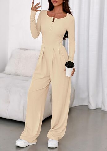 PRETTYGARDEN Jumpsuits for Women Dressy Casual 2025 Fall One Piece Outfits Long Sleeve Crew Neck Wide Leg Pants Rompers in Saudi Arabia