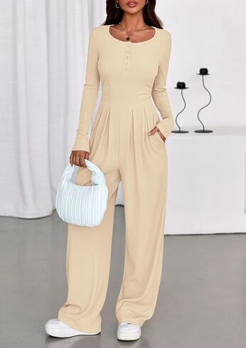 PRETTYGARDEN Jumpsuits for Women Dressy Casual 2025 Fall One Piece Outfits Long Sleeve Crew Neck Wide Leg Pants Rompers in Saudi Arabia