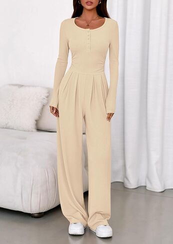PRETTYGARDEN Jumpsuits for Women Dressy Casual 2025 Fall One Piece Outfits Long Sleeve Crew Neck Wide Leg Pants Rompers in Saudi Arabia