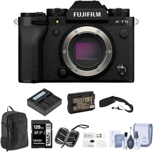 كاميرا Fujifilm X-T5 بدون مرآة، حزمة سوداء مع بطاقة SD سعة 128 جيجابايت، حقيبة ظهر، بطارية 2X، شاحن، واقي شاشة، حزام كاميرا، حافظة بطاقة SD، مجموعة تنظيف in Kuwait