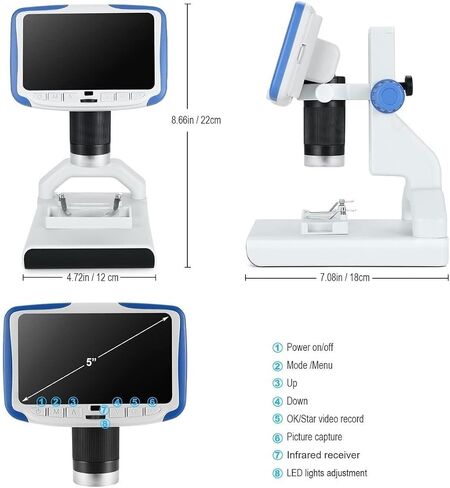 200X Digital Microscope with 5" IPS Screen, 8 LED Lights, Adjustable Magnification, for Science, Education, and Coin Collecting in Saudi Arabia