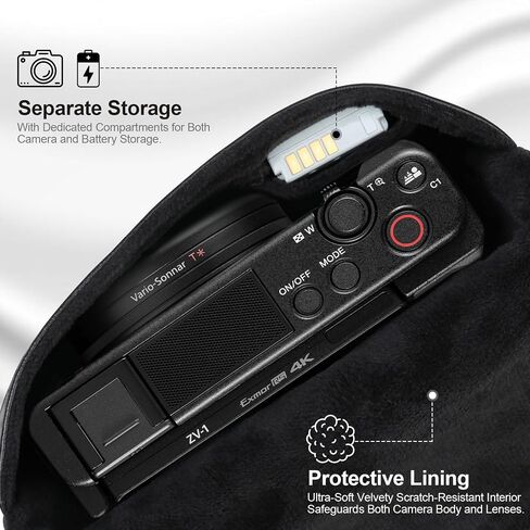 حقيبة كاميرا Lacdo لكاميرا Sony ZV-1 / ZV-1F / ZV-1 II الرقمية، حقيبة سفر من الجلد الناعم الواقية للكاميرا، حقيبة كاميرا مدمجة Sony ZV-1 ZV-1F ZV-1 II مع حزام معصم، أسود in Kuwait