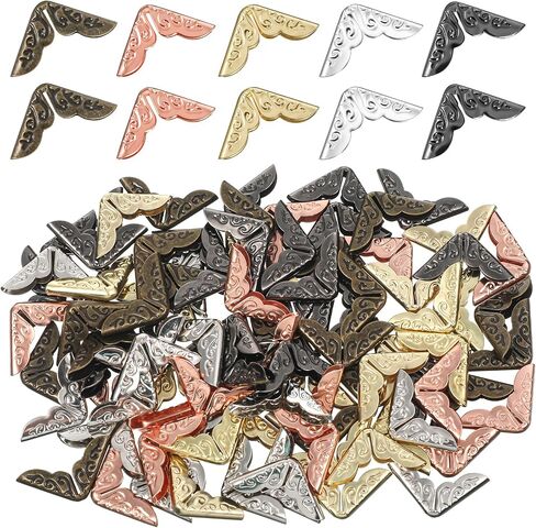 100 Pcs Book Corner Protectors, Metal Book Corners Vintage Iron Corner Protectors Triangle Carved Decorative Angle for Scrapbook, Photo Album, Diary Covers - Gold, Silver, Black, Antique Bronze in Saudi Arabia