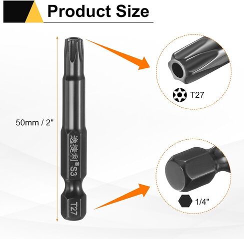HARFINGTON 2pcs T27 Security Torx Head Screwdriver Bit 1/4" Hex Shank 2" (50mm) Long Magnetic Tamper Proof 6 Point Star Screw Driver Drill Bit S3 Steel Mirror Polished Power Tool with Hole in Saudi Arabia