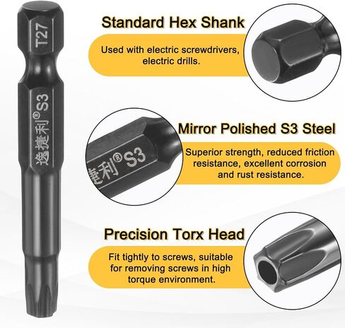 HARFINGTON 2pcs T27 Security Torx Head Screwdriver Bit 1/4" Hex Shank 2" (50mm) Long Magnetic Tamper Proof 6 Point Star Screw Driver Drill Bit S3 Steel Mirror Polished Power Tool with Hole in Saudi Arabia