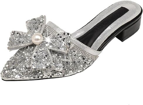 Women's Pearl Rhinestone Bow Low Heels Mules Glitter Pointed Toe Comfortable Block Heel Backless Slip on Clogs Sandals for Party Date Wedding Fashion Dress Slides in Saudi Arabia