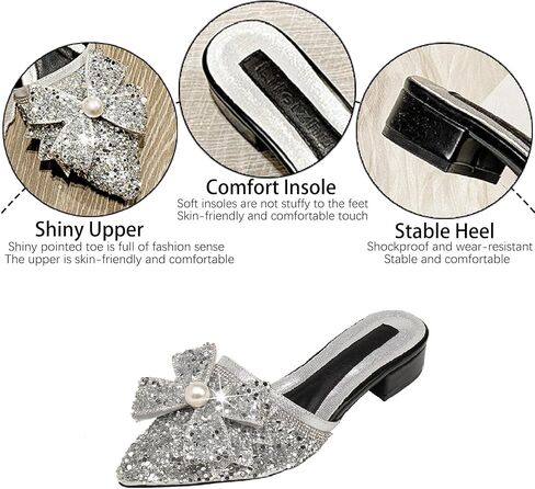 Women's Pearl Rhinestone Bow Low Heels Mules Glitter Pointed Toe Comfortable Block Heel Backless Slip on Clogs Sandals for Party Date Wedding Fashion Dress Slides in Saudi Arabia